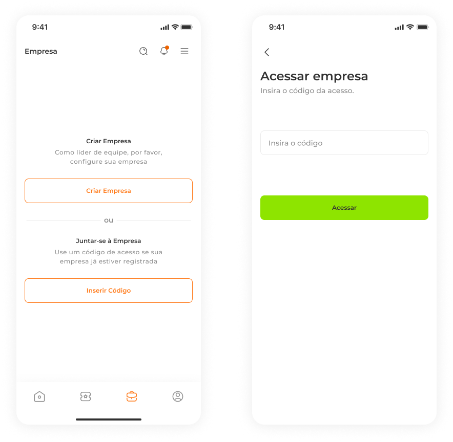 Print da tela de inserção de código da empresa no app